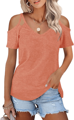 Minclouse Women's Summer Short Sleeves Tops Cold Shoulder V Neck Shirts Casual Strappy Tees XX-Large Orange