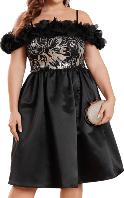 SHEIN Belle Plus Size Women Black Slimming 3d Floral Off Shoulder Neckline Embellished Luxury Floral Sequins Shiny Satin Evening Bachelorette Party Graduation Dress Cocktail Party Dress