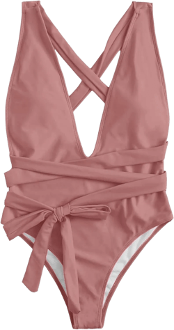 Lilosy Sexy Lace Up Plunge Neck Backless High Waisted Low Cut Leg Rise Thong Cheeky Brazilian 1 Piece Bikini Swimsuit Women Back Bathing Suit Tie Criss Cross Monokini Dust Pink Large