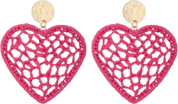 Statement Raffia Round Earrings, Handwoven Dream Catcher Earrings Bohemian Jewelry for Women Hot Pink Heart