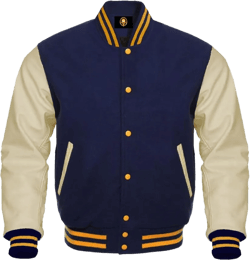Wool Body Leather Sleeves 40 Colors Option Letterman Baseball Bomber Varsity Jacket X-Large Navy/Cream Gold Strip