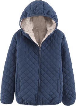 Women's Lightweight Quilted Jacket Casual Fleece Lined with Pockets Zip Up Puffer Jacket Warm Winter Coats with Hood Navy XX-Large