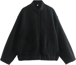 Women's Long Sleeve Wool Blend Coat Oversized Button Down Jackets Casual Outerwear Bomber Jackets with Pockets 2023(Black,S)