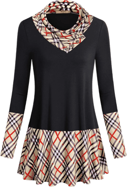Miusey Women's Long Sleeve Cowl Neck Form Fitting Casual Tunic Top Blouse Black/Beige Medium