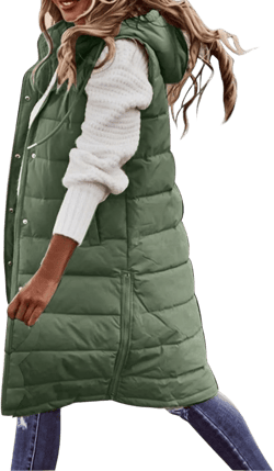 Womens Sleeveless Long Coat Cotton Padded Full Zip Hooded Extra Long Vest with Pocket Windbreaker Jacket Coat for Women X-Large X1-green