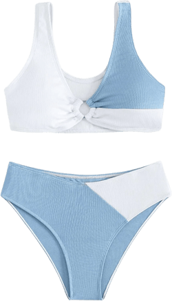 SweatyRocks Girl's Two Piece Color Block Swimsuit V Neck Ribbed Bikini Set Bathing Suit Beachwear White Blue 14Y