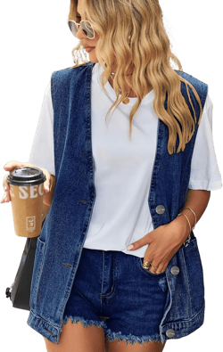 ebossy Women's Vintage Distressed Denim Vest Button Down Sleeveless Loose Jean Jacket Waistcoat X-Large Dark Blue