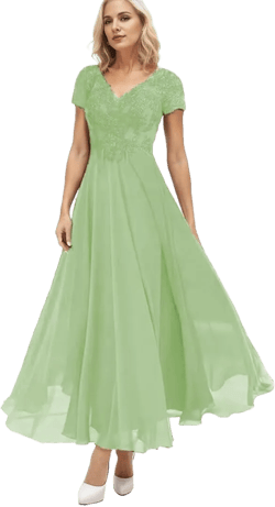 Casual Mother of The Bride Dresses for Wedding Tea Length Lace Applique Chiffon Short Sleeve Formal Dresses for Women Sage 20 Plus