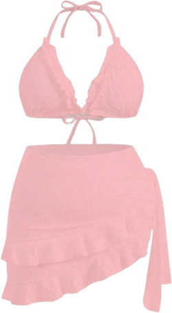 Women's 3 Piece Plus Size Lettuce Trim Bikini Halter Tie Side Triangle Set with Beach Skirt High Cut Bikini Swimsuit Large Plus Pink