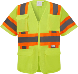 SV5300, ANSI/ISEA Class 3, High Vis Mesh Safety Vest, 3M Reflective w/Orange binding, 7 Pockets, Neon Green