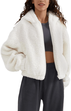 Orolay Women's Fuzzy Fleece Cropped Jacket Fluffy Sherpa Coat Winter Teddy Hoodie with Long Sleeves Large Beige