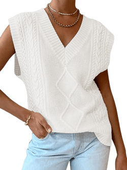 LILLUSORY Sweater Vest Women Trendy Cable Knit Cap Sleeve Tops 2025 V Neck Cotton Oversized Business Casual Outfits White Large