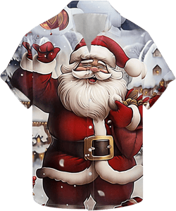 Xmas Graphic Shirts for Men Novelty 3D Christmas Tree Santa Hawaiian Shirts Button Down Short Sleeve Bowling Shirts