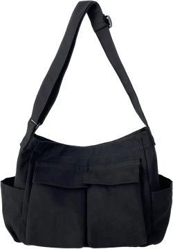 Canvas Messenger Bag Large Crossbody Bag Hobo Shoulder Handbags Multi Pocket Denim Tote Bag for Women and Men Black