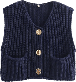 Arssm Women Button Down Sweater Vest Sleeveless Crop Knit Cardigan Cropped Knitted Sweater Vest with Pockets Medium Navy