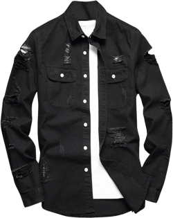 WDIRARA Men's Ripped Collared Neck Long Sleeve Denim Jackets Button Front Jeans Jackets XX-Large Black