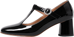 Lutalica W Women's Fashion Patent Leather Closed Toe Ankle Strap Chunky Heel Mary Jane Shoes Stylish Round Toe Block Heel T-Strap Pumps Shoes 7.5 Black
