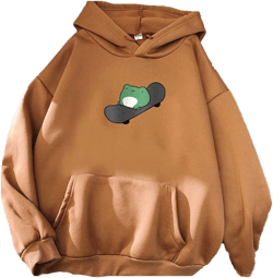 CORIRESHA Womens Cute Cartoon Frog Print Hoodies Striped Sleeve Pullover Drawstring Hooded Sweatshirts Brown Small