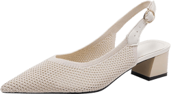 Women's Knit Mesh Slingback Heels Pumps with Adjust Ankle Strap Fashion Closed Pointed Toe Comfortable Chunky Heel Mules Sandals Work Office Wedding Dressy Shoes Apricot 8