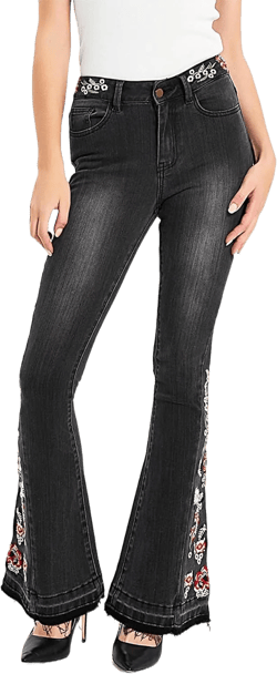 LAFOURAM Bell Bottom Jeans for Women High Waist Flared Wide Leg Floral Embroidered Denim Pants 2 A Black