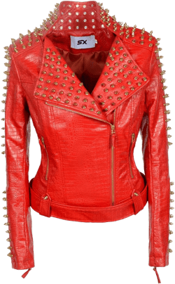 SX Women Punk Faux Leather PU Black Jacket Studded Rivet Fashion Streetwear Motorcycle Coat Medium Red