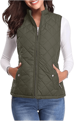 SHOPESSA Quilted Vests for Women Lightweight Stand Collar Down Coat Zip Up Women Padded Gilet with Pockets Thin Puffer Vest Medium Green Lightweight Quilted Jacket