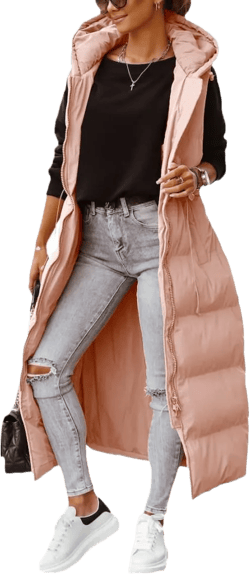 Tankaneo Women's Long Quilted Vest Outerwear Hooded Maxi Length Sleeveless Puffer Vest Full-zip Cotton Padded Coat Medium Pink