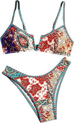 WDIRARA Women's 2 Piece Boho Floral V Neck Swimsuit High Cut Color Block Sexy Bikini Set Multicolor Floral Medium
