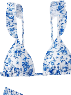 MakeMeChic Women's Bikini Set Floral Ruffle V Cut Frill Trim Backless Triangle Bathing Suit Blue and White Medium