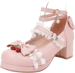 Women Block Heels Ankle Strap Platform Maid Mary Jane Pumps Fashion Sweet Bownot Strawberry Decoration Lace Lolita Princess Single Shoes 7.5 Pink