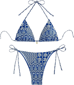 Women's High Waisted Bathing Suit Allover Floral Print Triangle Halter Swimsuit Bikini Set 2 Piece Large Blue Boho