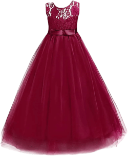 Flower Girls Vintage Lace Wedding Maxi Dress Floor Length Bridesmaid Party Long Pageant Princess Communion Boho Dance Gown 6-7 Years Burgundy