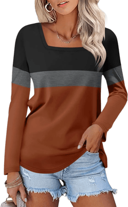 Women's Long Sleeve Shirts Square Neck Tunic Tops Dressy Casual Basic Tees Blouse Loose Fit A-black-dark Gray-brown XX-Large