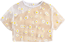 OYOANGLE Girl's Floral Print Sheer Short Sleeve Beach Cover Up Tops Bathing Suit Coverups Swimwear