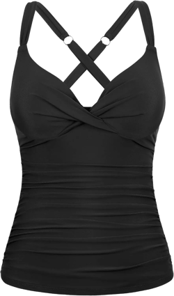 Firpearl Women Underwire Tankini Top Twist V Neck Swimsuits Ruched Tummy Control Bathing Suits Top Only 12 Black