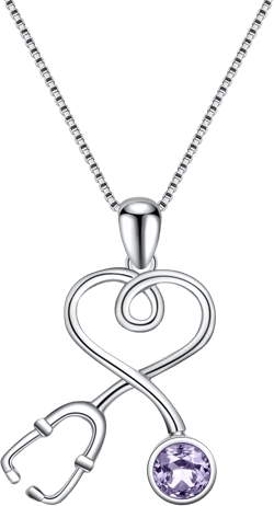 AOBOCO Stethoscope Necklace 925 Sterling Silver Embellished with 12 Months Birthstone Crystals from Austria, Graduation Gifts Medical Jewelry for Doctor Nurse Medical Student RN 925 Silver - Violet Purple