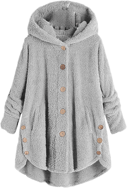 Andongnywell Women Oversized Sherpa Hoodie Fuzzy Fleece Jacket Single Row Buttons Outerwear Coat with Pockets (Gray,Large)