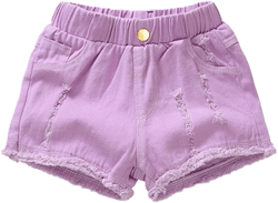 Lykmera Kids Denim Shorts with Pocket Girls Solid Color High Elastic Waist Ripped Jeans Shorts Size (Purple, 6-7 Years)