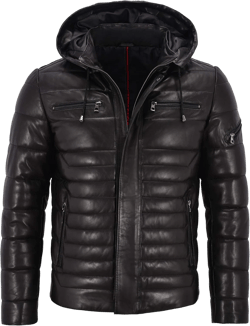 Men's Real Leather Jacket Puffer Hooded 100% Napa Fully Quilted Design 2006 2XL For Chest 46" Black