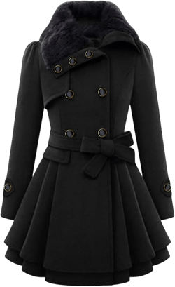 GORIFE Women Faux Fur Collar Coat Double Breasted Wool Blend Trench Coat Midi Swing Coat with Belt Medium Black