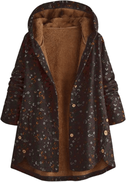 Andongnywell Retro Cotton and Linen Print Hooded Asymmetric Button Plush Jacket Winter Warm Hooded Parka Coats Brown Large