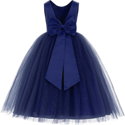 V-Back Satin Junior Bridesmaid Gown Flower Girl Dress Wedding Reception 219 12 Navy Blue