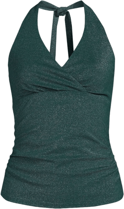Lands' End Women's Chlorine Resistant Shine V-neck Halter Tankini Swimsuit Top - Medium - Deep Balsam Shine