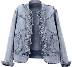Women Embroidered Stretch Denim Jacket Short Basic Bomber Jean Jacket Coat Medium Light Blue