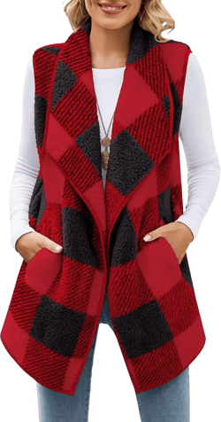 ReachMe Womens Sleeveless Sherpa Vest with Pockets Lapel Open Front Fleece Cardigan Sweater Fuzzy Jacket Coat Medium 06 Black Red