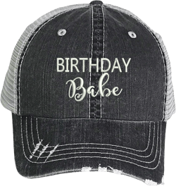 Birthday Babe Distressed Trucker Hat - Embroidered Baseball Hat One Size Black Gray
