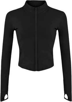 Womens Cropped Slim Athletic Yoga Workout Track Sports Zip Up Jacket with Thumb Holes Medium Black