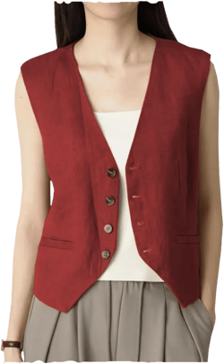 Ceehuteey Women's Summer Linen Suit Vest V-Neck Single Breasted Casual Waistcoat Business Outfits Top Medium Red