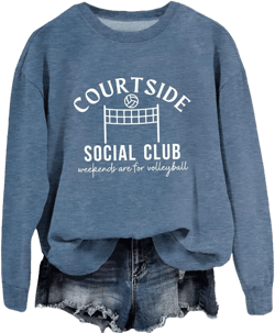 Courtside Social Club Sweatshirt Weekends are for Volleyball Sweater Volleyball Mom Shirt Women Sports Pullover Tops Large Blue