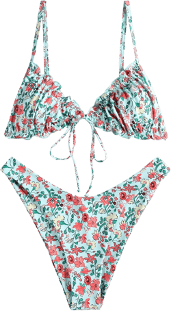 ZAFUL Women's Ruffled Textured Bow Tie Bikini Ditsy Floral Printed Swimsuit Two Piece Bathing Suit Green XL, A-green